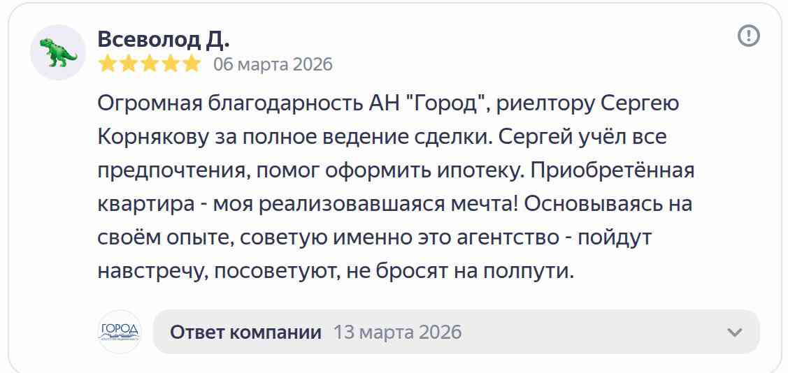№ 2782. Огромная благодарность АН "ГОРОД", риэлтору Сергею Корнякову за полное ведение сделки